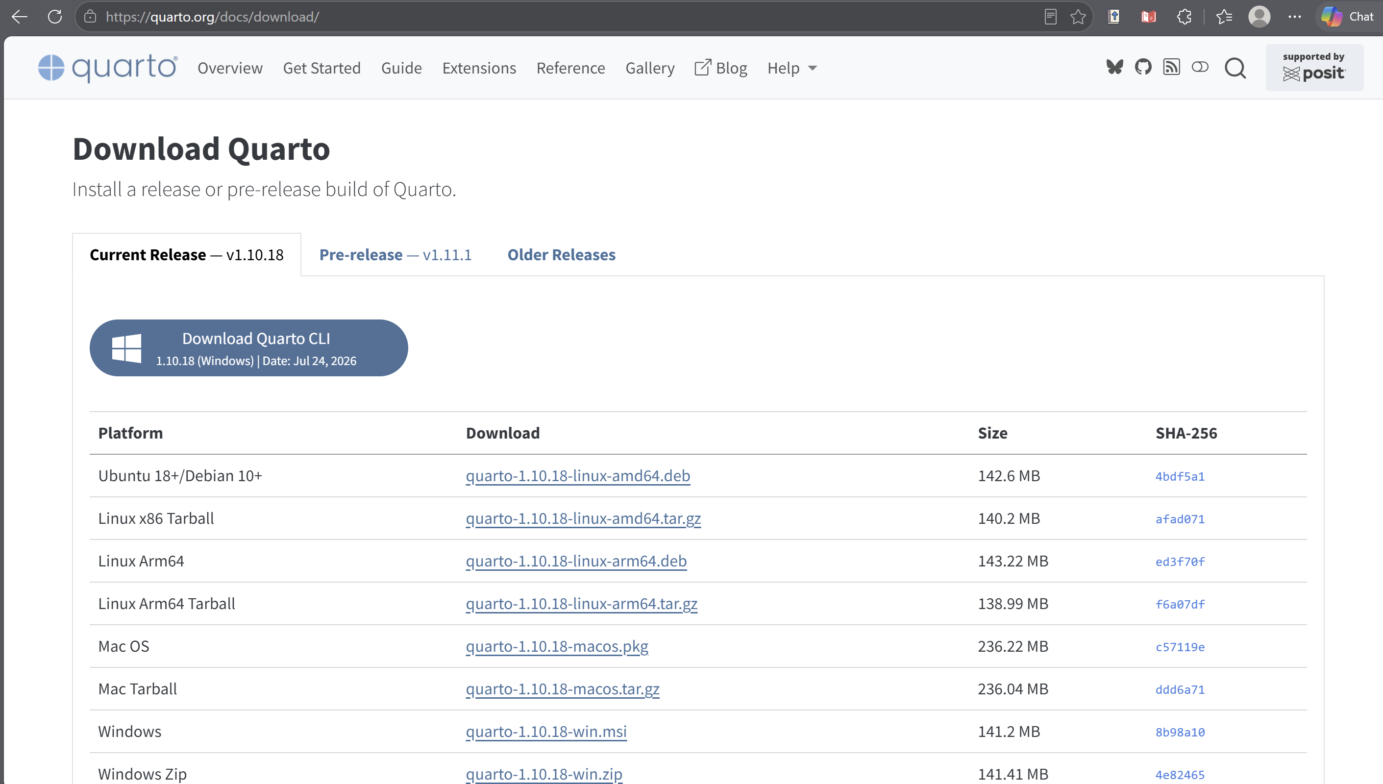 Quarto download webpage showing the Windows installer