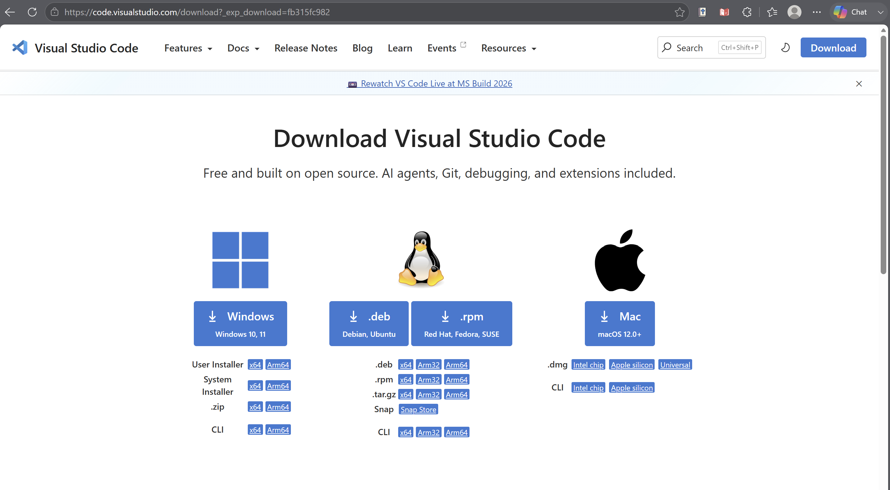 Visual Studio Code download webpage with Windows, Linux, and Mac options