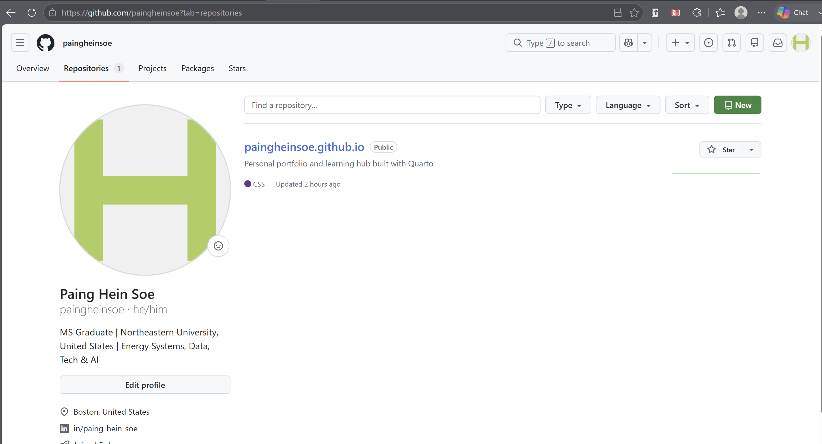 GitHub repository showing the main branch and Quarto project files