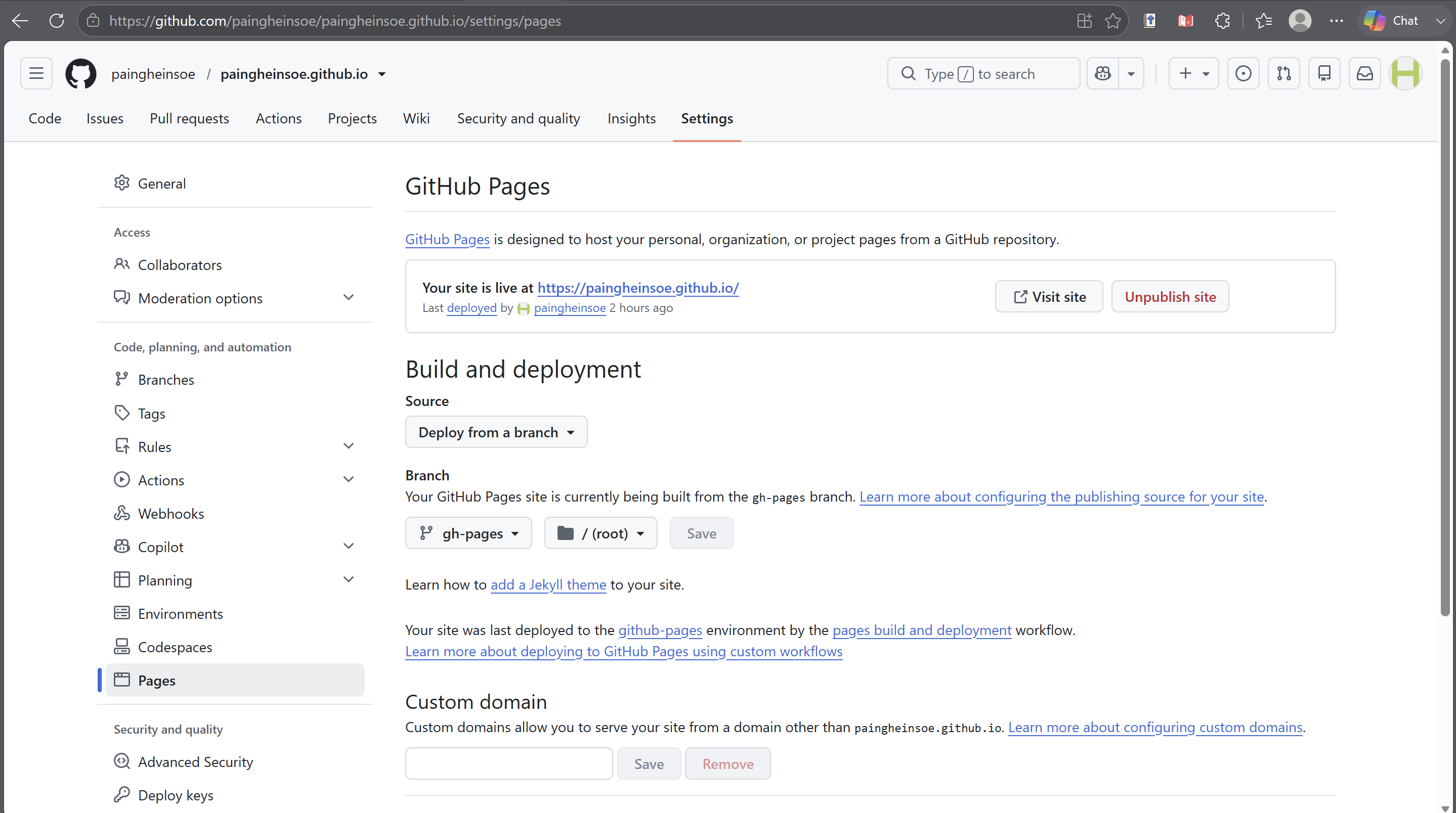 GitHub Pages settings showing deployment from gh-pages root and the live website URL